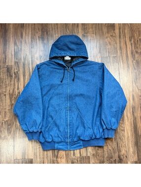 Vintage Denim Hooded Jacket Quilted Lined Workwear Blue 2XL Bomber